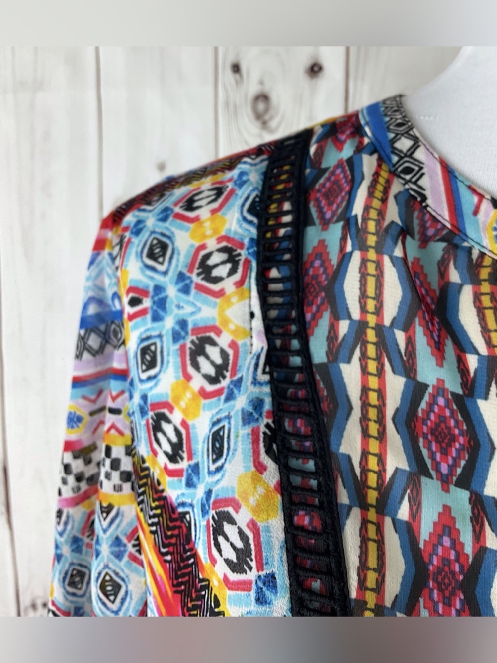 New Directions Multicolor Split V-Neck Roll Tab Sleeve Sheer Tunic Top Size XL - Picture 8 of 10